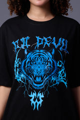 Tiger in Blue Printed Black Oversized T-Shirt for Women