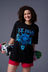 Tiger in Blue Printed Black Oversized T-Shirt for Women