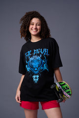 Tiger in Blue Printed Black Oversized T-Shirt for Women