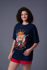King Tiger Printed Navy Blue Oversized T-Shirt for Women