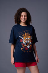 King Tiger Printed Navy Blue Oversized T-Shirt for Women
