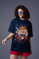 King Tiger Printed Navy Blue Oversized T-Shirt for Women