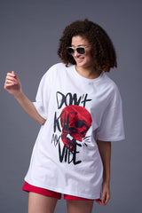 Skull With Don't Kill My Vibe Printed White Oversized T-Shirt for Women