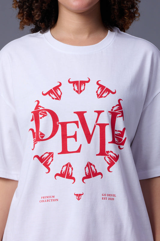 Devil Stamp (in Red) Printed White Oversized T-Shirt for Women