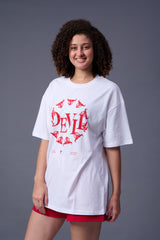 Devil Stamp (in Red) Printed White Oversized T-Shirt for Women