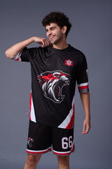 Tiger in Red Printed Black Co-ord Set for Men