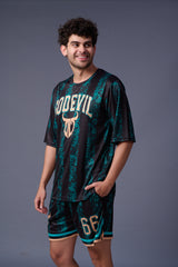 Go Devil Printed all over Black and Green Co-ord Set for Men