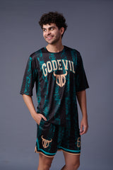Go Devil Printed all over Black and Green Co-ord Set for Men