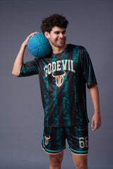 Go Devil Printed all over Black and Green Co-ord Set for Men