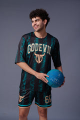Go Devil Printed all over Black and Green Co-ord Set for Men