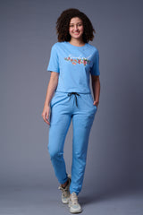 Flower Printed Light Blue Full Size Co-ord Set for Women