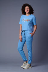 Flower Printed Light Blue Full Size Co-ord Set for Women