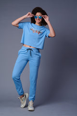 Flower Printed Light Blue Full Size Co-ord Set for Women