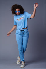 Flower Printed Light Blue Full Size Co-ord Set for Women