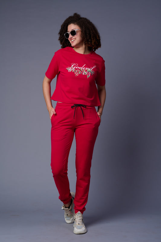 Go Devil With Flower Printed Red Full Size Co-ord Set for Women