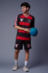 Stripes Printed Black and Red Co-ord Set for Men