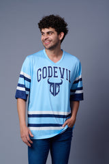 Go Devil Printed Light Blue Striped Oversized Jersey T-Shirt for Men