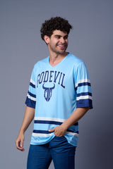 Go Devil Printed Light Blue Striped Oversized Jersey T-Shirt for Men