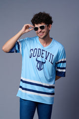 Go Devil Printed Light Blue Striped Oversized Jersey T-Shirt for Men