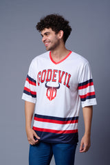 Stripes Printed White, Red and Navy Blue Oversized Jersey T-Shirt for Men