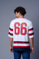 Stripes Printed White, Red and Navy Blue Oversized Jersey T-Shirt for Men
