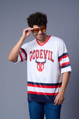Stripes Printed White, Red and Navy Blue Oversized Jersey T-Shirt for Men