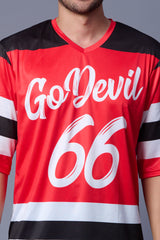 Go Devil 66 Striped (In White) Printed Red Oversized Jersey T-Shirt for Men
