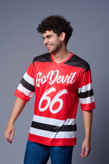 Go Devil 66 Striped (In White) Printed Red Oversized Jersey T-Shirt for Men