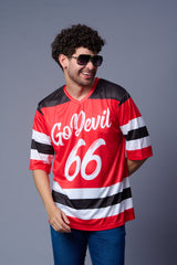 Go Devil 66 Striped (In White) Printed Red Oversized Jersey T-Shirt for Men