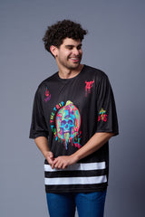 Skull With Enjoy The Trip Printed Black  Oversized  Jersey T-Shirt for Men