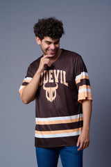 Go Devil In Ivory Printed Stripes Chocolate Oversized Jersey T-Shirt for Men