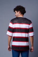 Stripes Printed Black, White and Red Oversized Jersey T-Shirt for Men