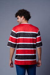 Stripes Printed Black, Red and White Oversized Jersey T-Shirt for Men