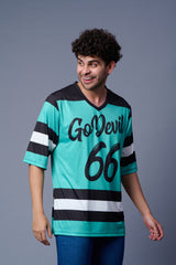 Stripes Printed Black, White and Green Oversized Jersey T-Shirt for Men