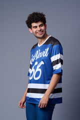 Go Devil 66 Striped (In White) Printed Blue Jersey Oversized T-Shirt for Men