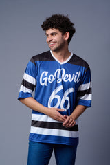 Go Devil 66 Striped (In White) Printed Blue Jersey Oversized T-Shirt for Men