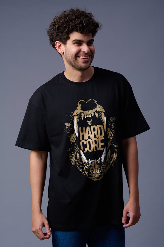 Hard Core Printed Black Oversized T-Shirt for Men
