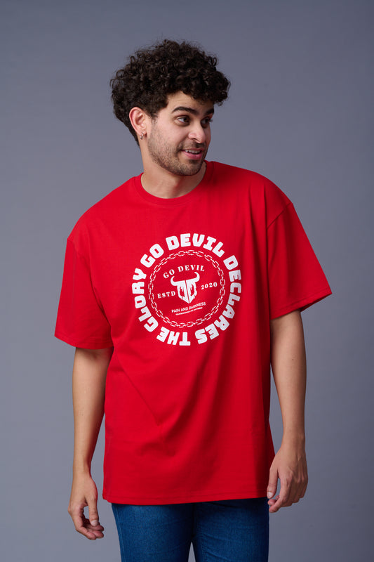 The Glory Go Devil Declares Printed Red Oversized T-Shirt for Men