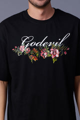 Go devil With Flower Printed Black Oversized T-Shirt for Men