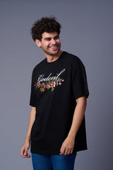 Go devil With Flower Printed Black Oversized T-Shirt for Men