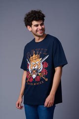 King Tiger Printed Navy Oversized T-Shirt for Men