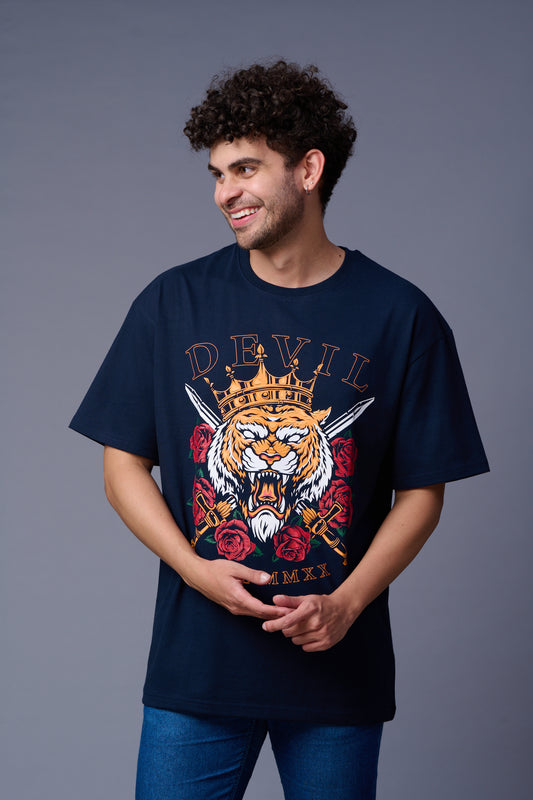 King Tiger Printed Navy Oversized T-Shirt for Men
