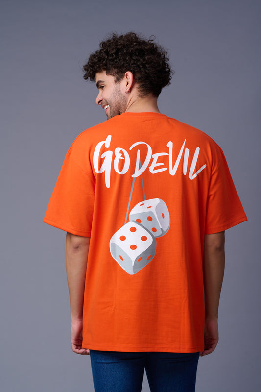 Go Devil Back Dice Printed Orange Oversized T-Shirt for Men
