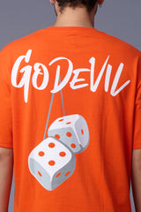 Go Devil Back Dice Printed Orange Oversized T-Shirt for Men
