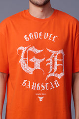 Go Devil Back Dice Printed Orange Oversized T-Shirt for Men