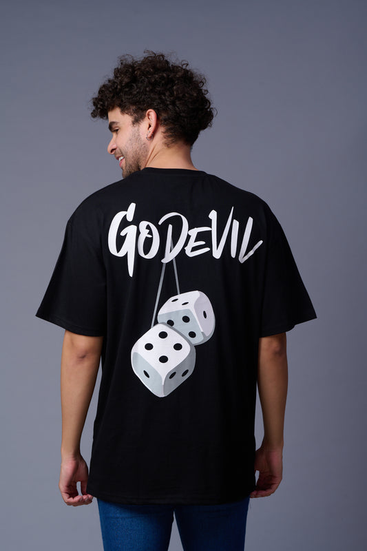 Go Devil Back Dice Printed Black Oversized T-Shirt for Men