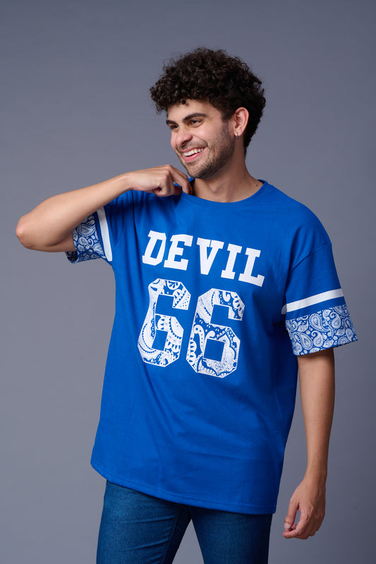 Go Devil 66 (In White Paisley) Printed Blue Oversized T-Shirt for Men