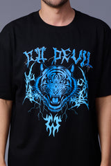 Tiger in Blue Printed Black Oversized T-Shirt for Men