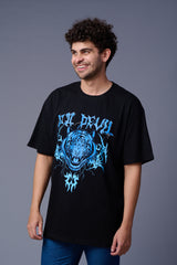 Tiger in Blue Printed Black Oversized T-Shirt for Men