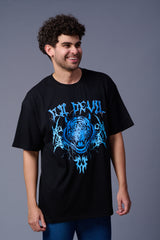 Tiger in Blue Printed Black Oversized T-Shirt for Men